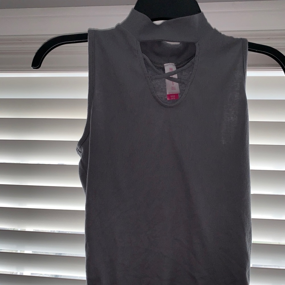 Grey cross chest high neck top ribbed
